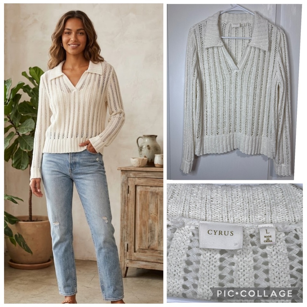 Cyrus Ivory Open-Knit V-Neck Sweater size L